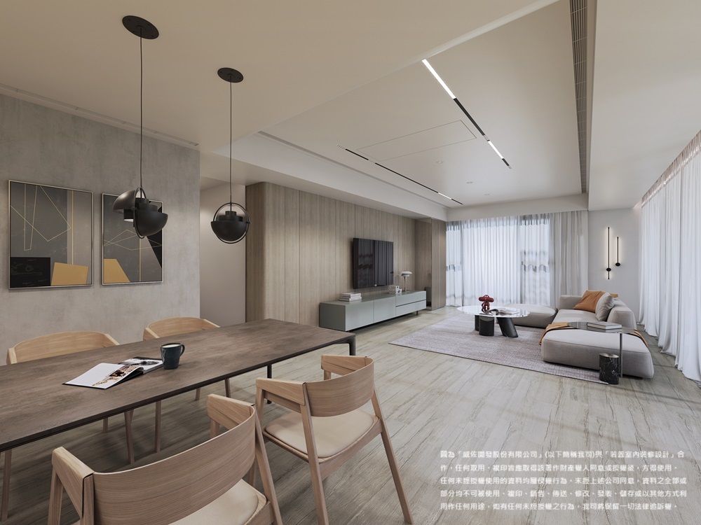 以 EGGER 板材打造的現代客廳空間,融合木紋地板、簡約家具與自然光源,呈現溫暖雅緻的居家氛圍。