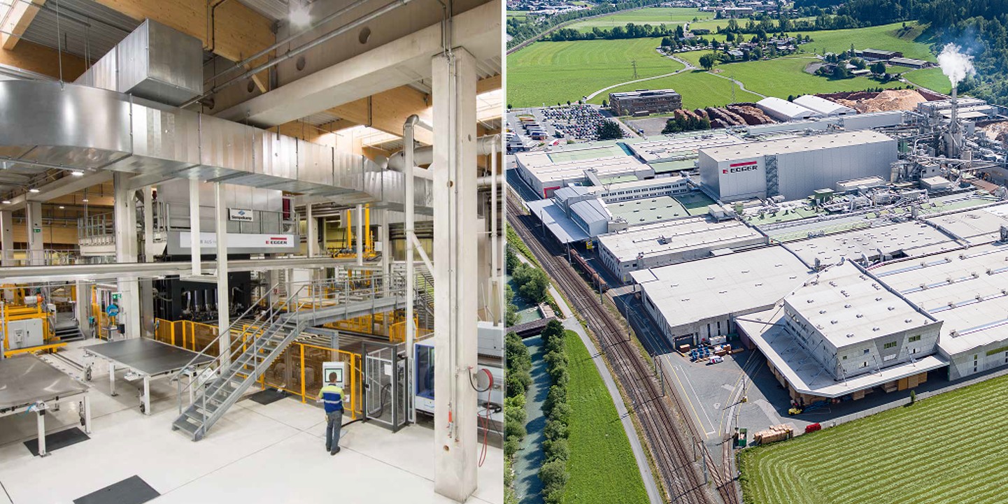 EGGER 生產基地空拍與內部自動化設備，展現高效率製造流程與綠色工業實力。