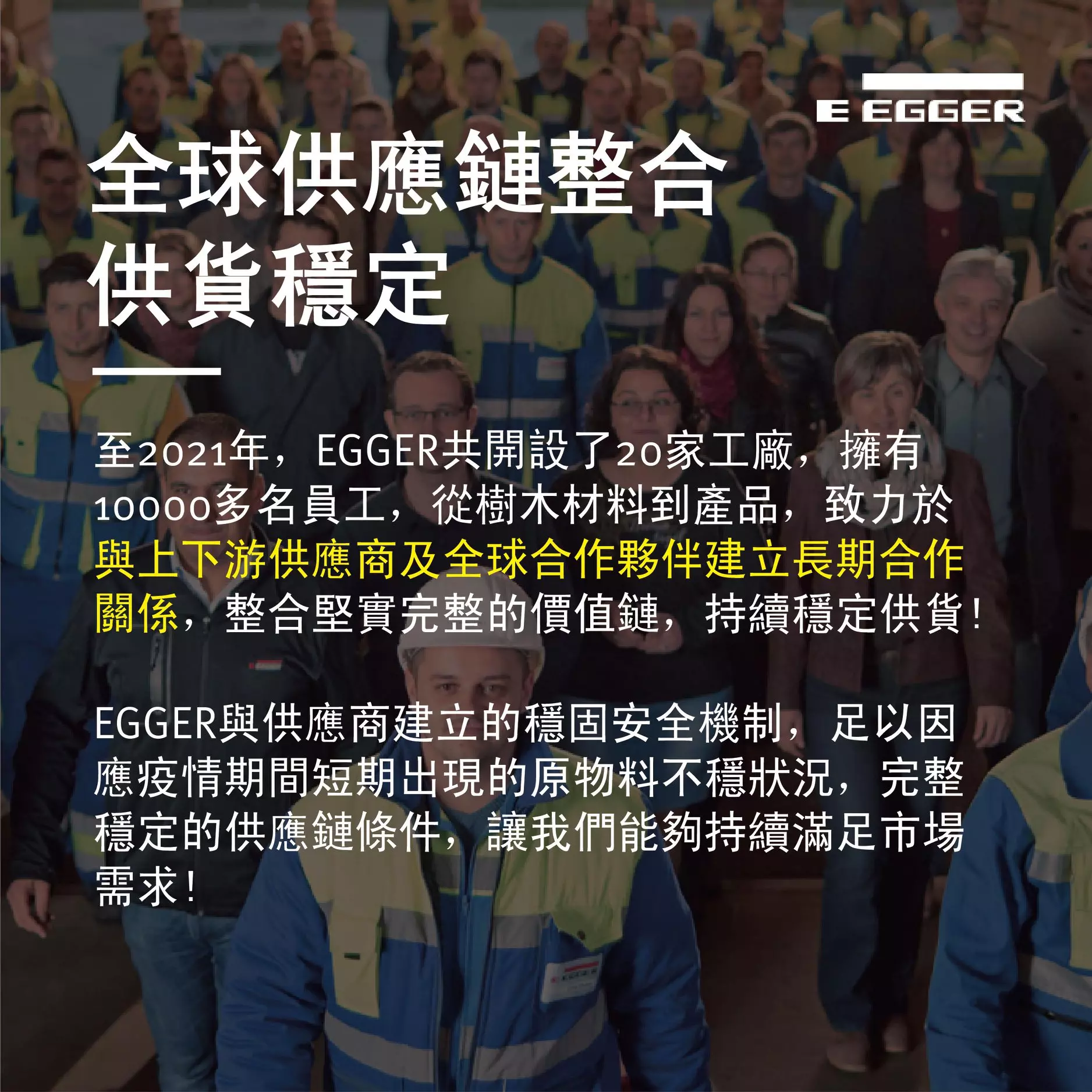 EGGER 全球供應鏈團隊圖與文字介紹，說明20家工廠與1萬員工共同維持供應穩定。