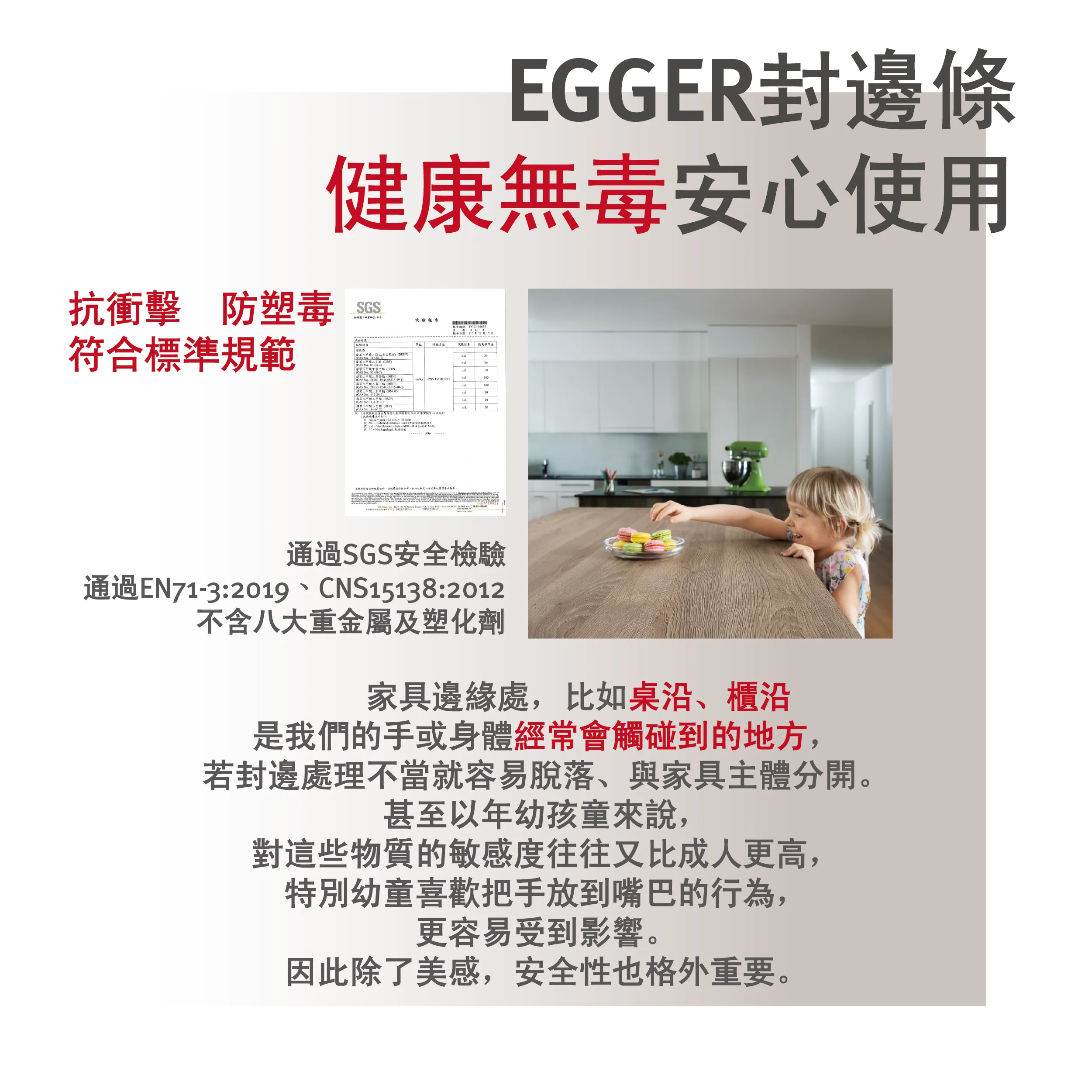 EGGER 封邊條符合 EN71 與 CNS 認證，具無塑、無毒、抗衝擊等特性，安全適用於兒童與日常空間。