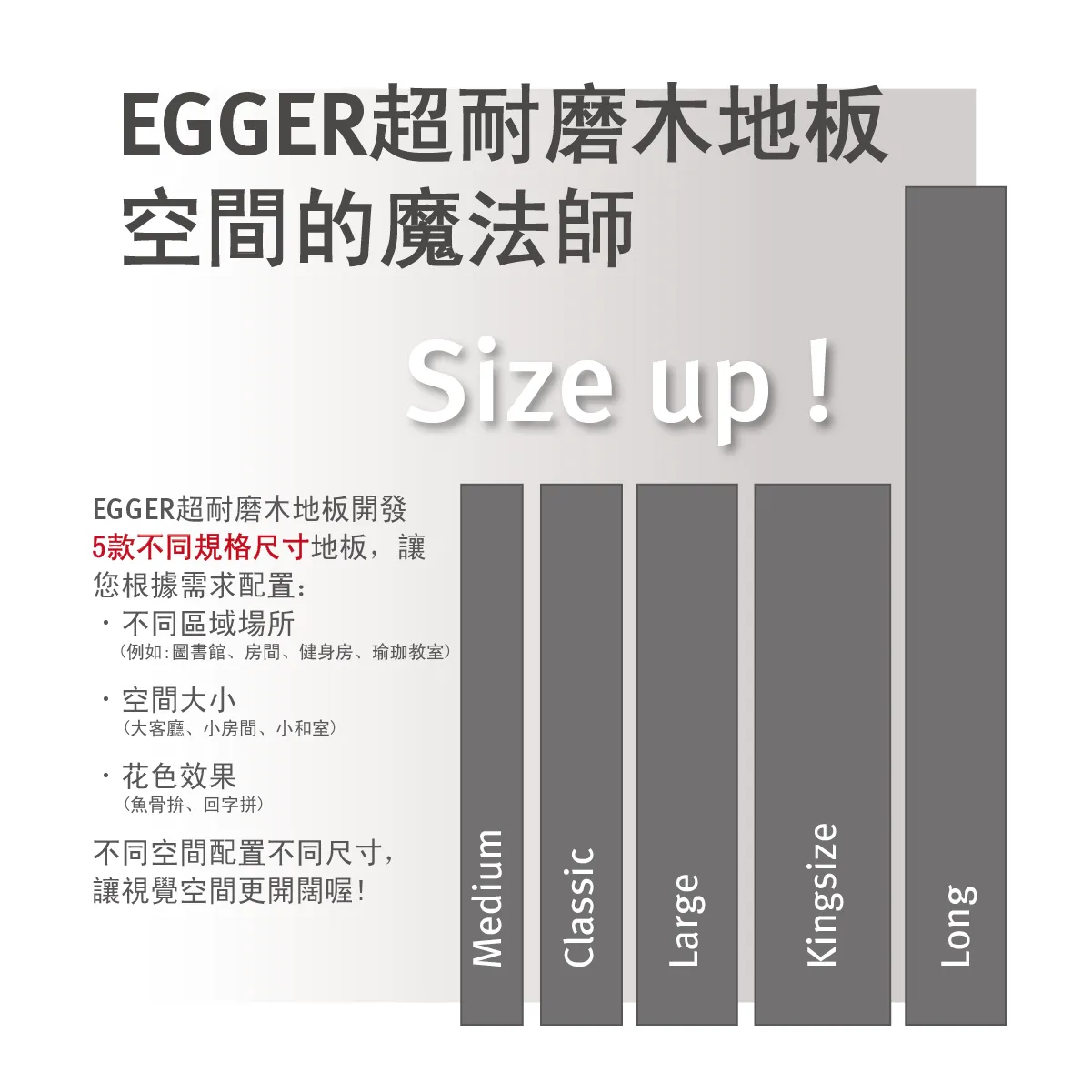 EGGER 提供多種木地板尺寸選擇，從 Medium 到 Long，適應各種空間感與設計需求。