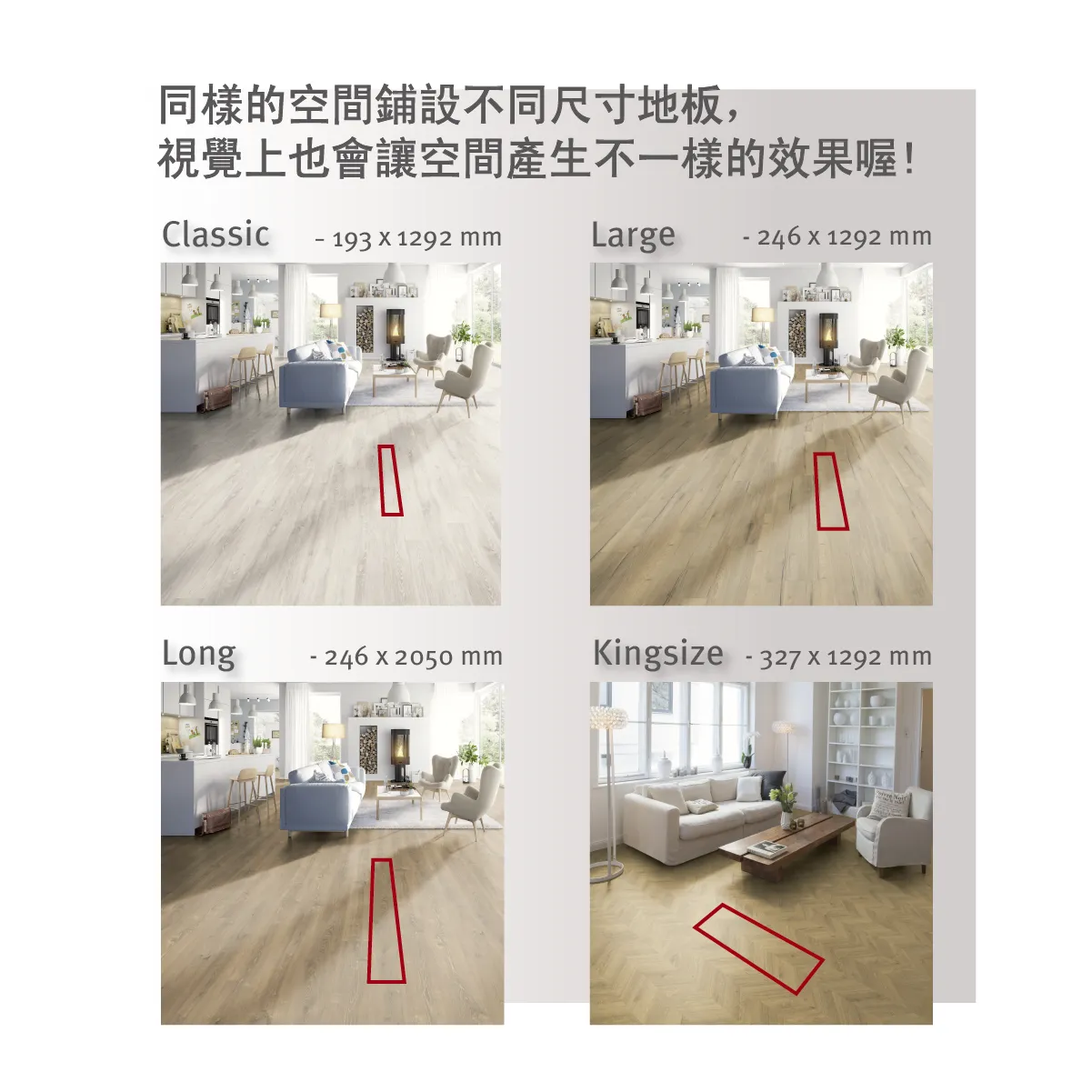 相同空間鋪設不同尺寸 EGGER 木地板所產生的視覺差異比較，提升設計感參考。