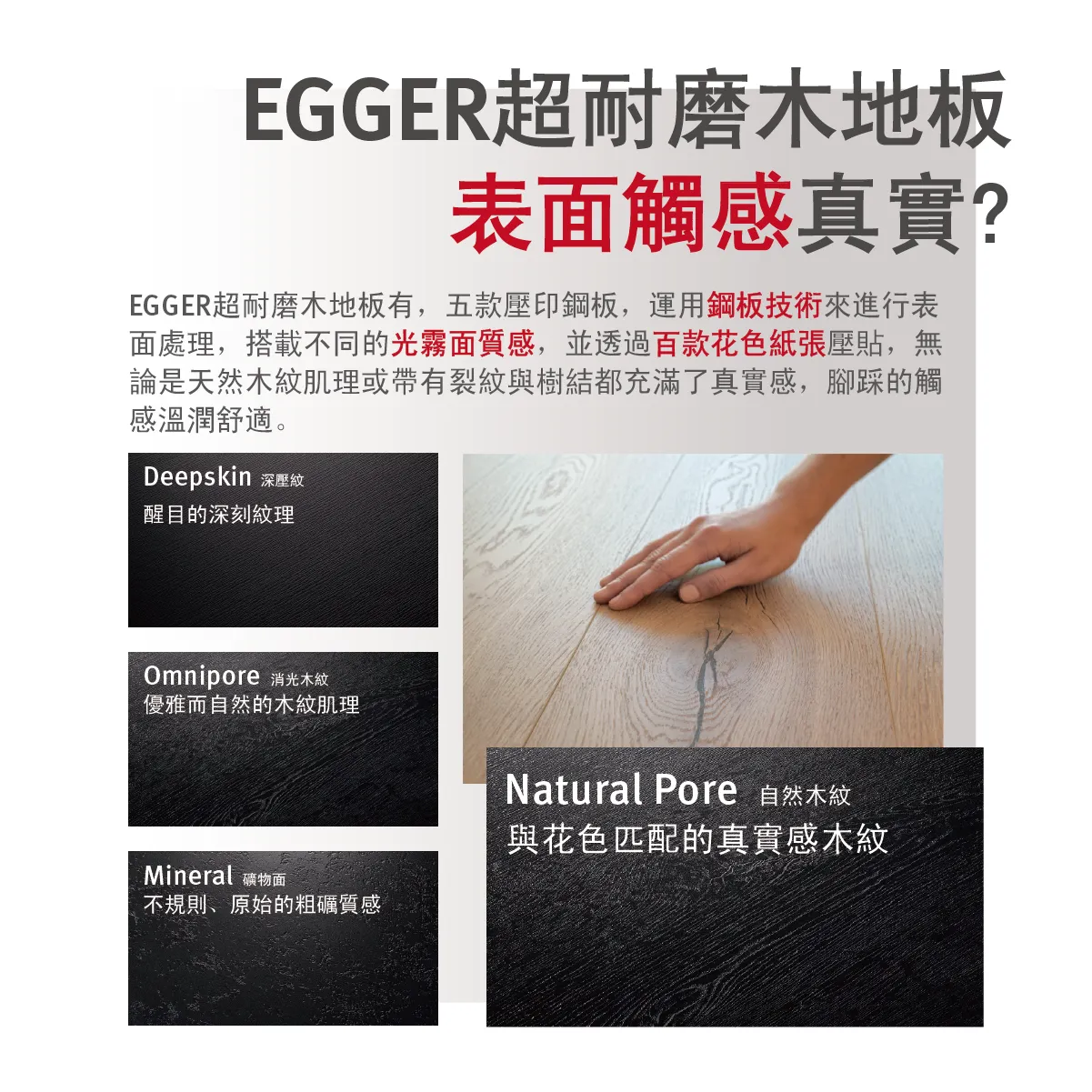 EGGER 木地板表面壓紋種類展示，包括 Natural Pore、Omnipore 等紋理，呈現真實觸感效果。