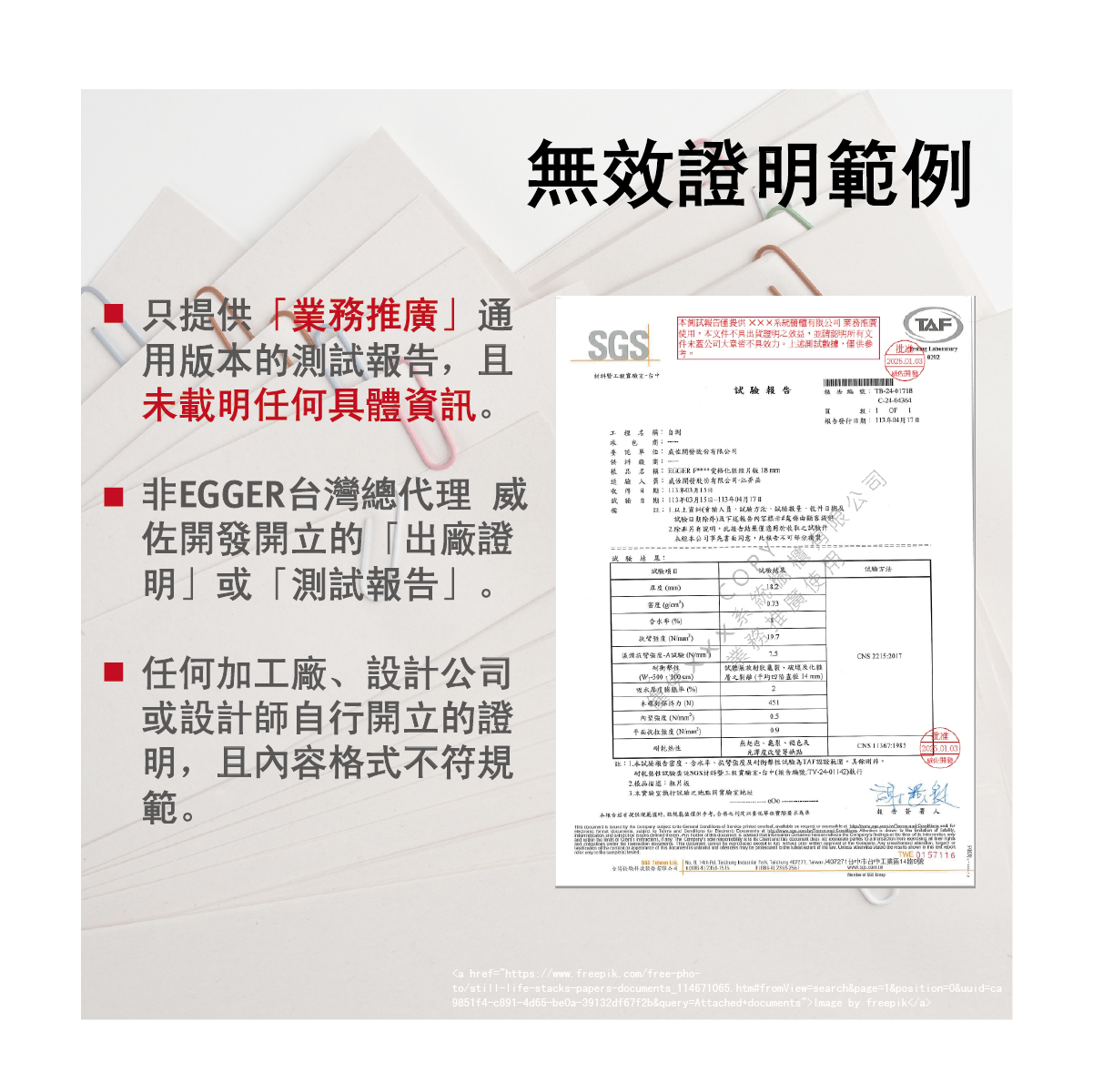 僅顯示「樣品推薦」或缺乏明確來源的報告無法作為 EGGER 正式出廠證明，可能影響後續保障權益。