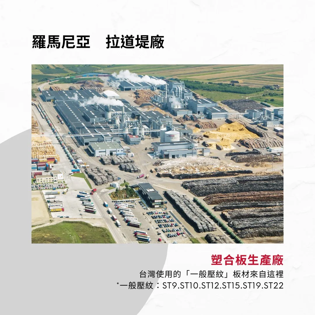 羅馬尼亞拉道（Radauti）EGGER 工廠實景圖，供應一般壓紋 ST9、ST10、ST15、ST22 等多款塑合板花色，為東歐重要生產據點之一