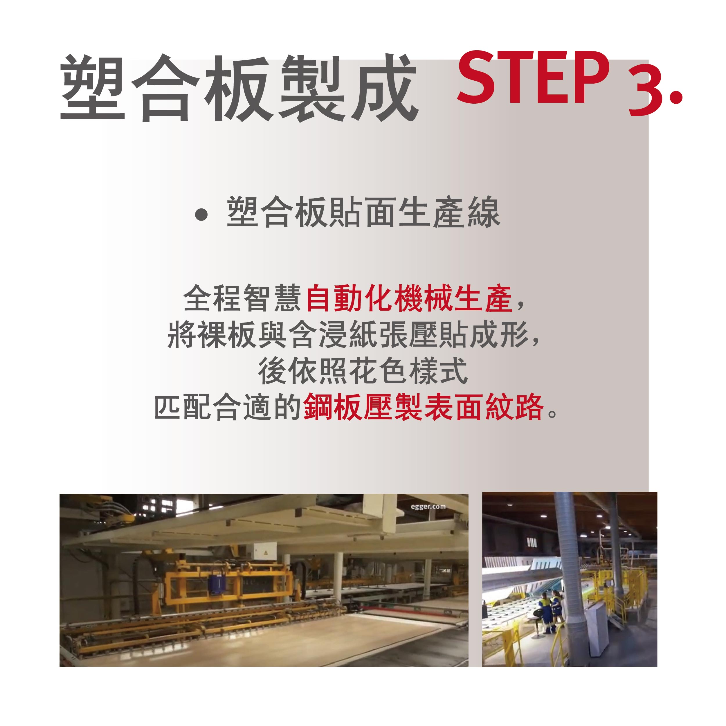 EGGER 塑合板製程 Step 3：塑合板貼面生產線運作情況，全程自動化機械作業，將色紙與板材貼合並壓紋，製成所需表面花色與觸感