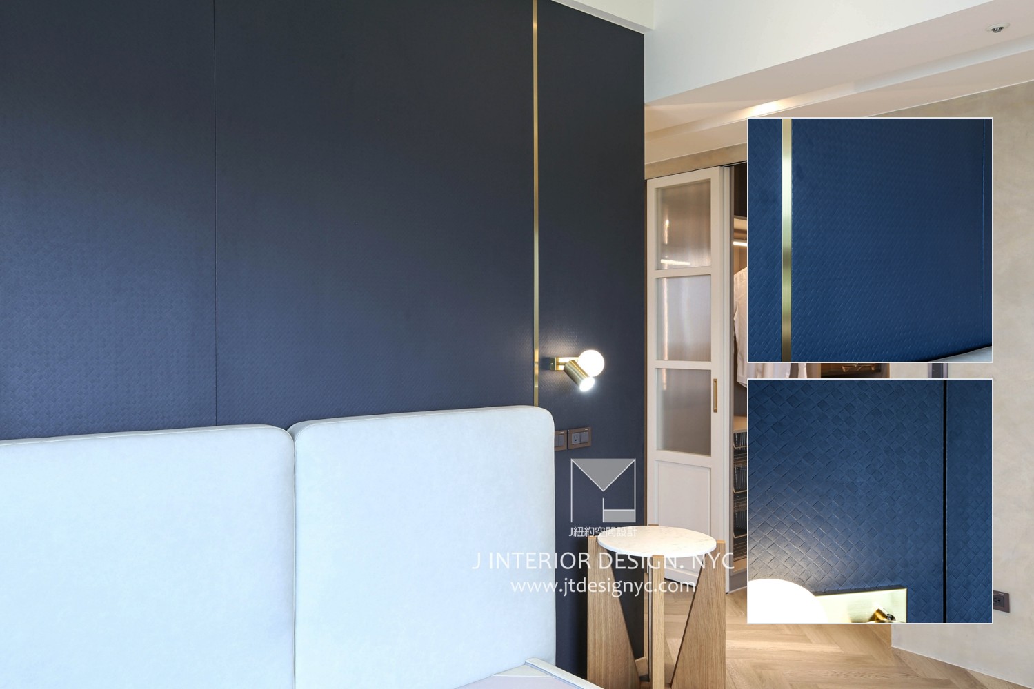 以 CLEAF 深藍色板材結合金色線條，搭配柔和燈光，為臥室注入奢華且沉穩的氛圍，適合高端住宅與精品飯店設計。