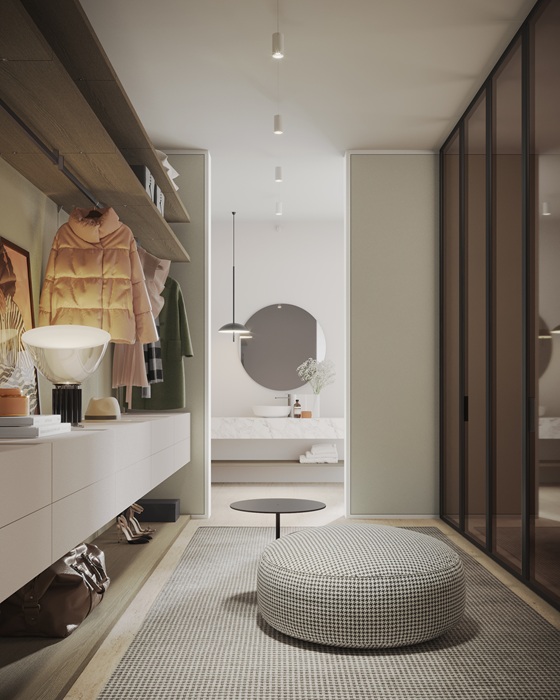 CLEAF品牌現代衣帽間設計，採用溫潤木紋層架與白色收納櫃，搭配柔和燈光營造溫馨氛圍。