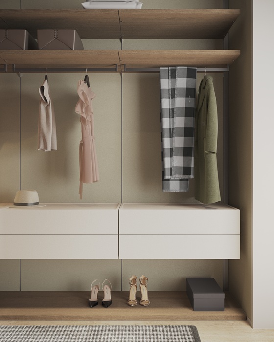 簡約衣櫃設計，木紋層板與白色抽屜搭配，展示掛衣區與收納鞋櫃。