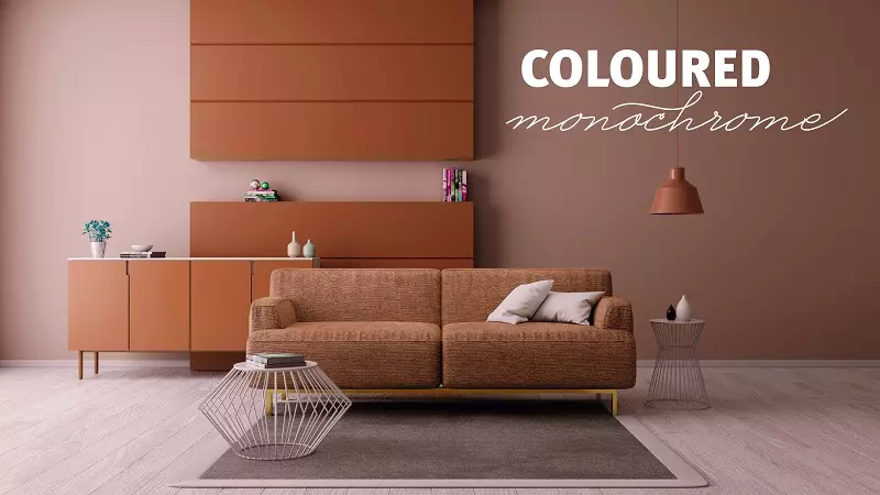 EGGER COLOURED MONOCHROME 系列設計圖，採用相近色系的牆面、櫃體與家具，營造沉穩時尚空間。