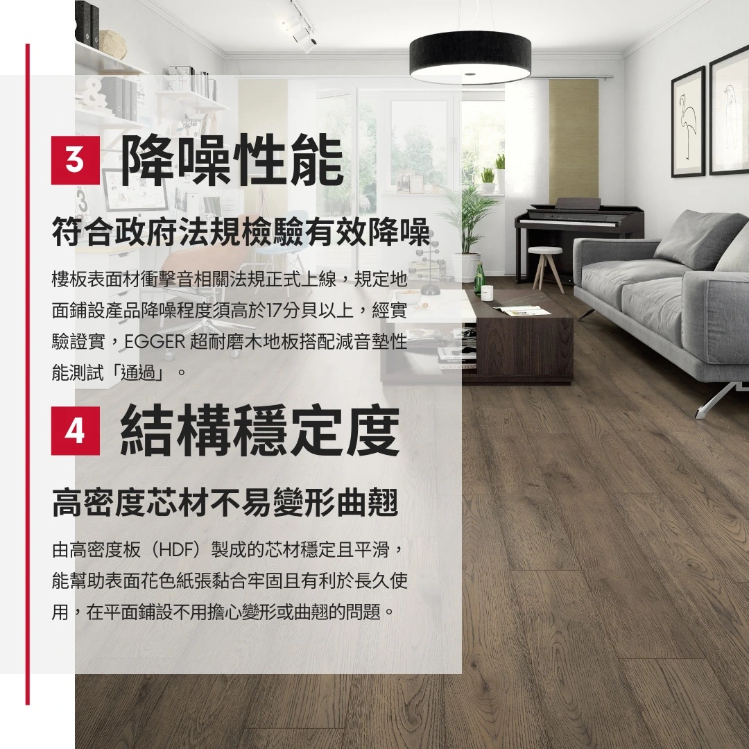 EGGER 超耐磨木地板應用於現代客廳，搭配灰色木紋表面，說明其優異降噪效果與穩定結構芯材。