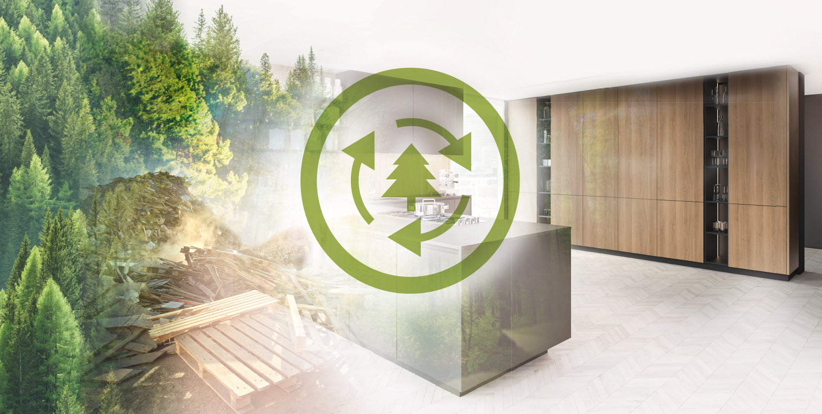 EGGER 塑合板強調森林永續概念，畫面結合森林資源與現代室內空間，象徵環保與循環使用。