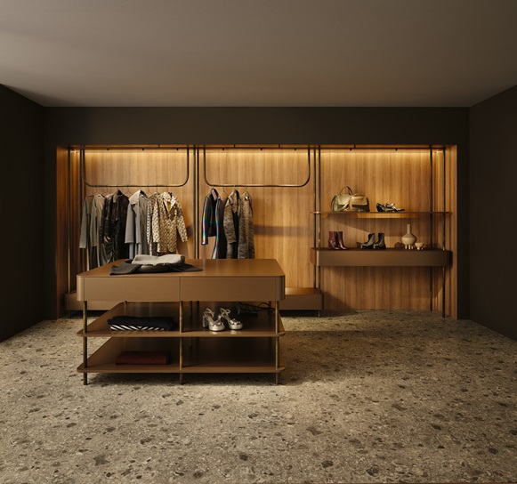 以木質牆面與燈光設計打造的精品服飾展示空間，呈現 EGGER 表面處理ST20板材在商業空間的高端應用。