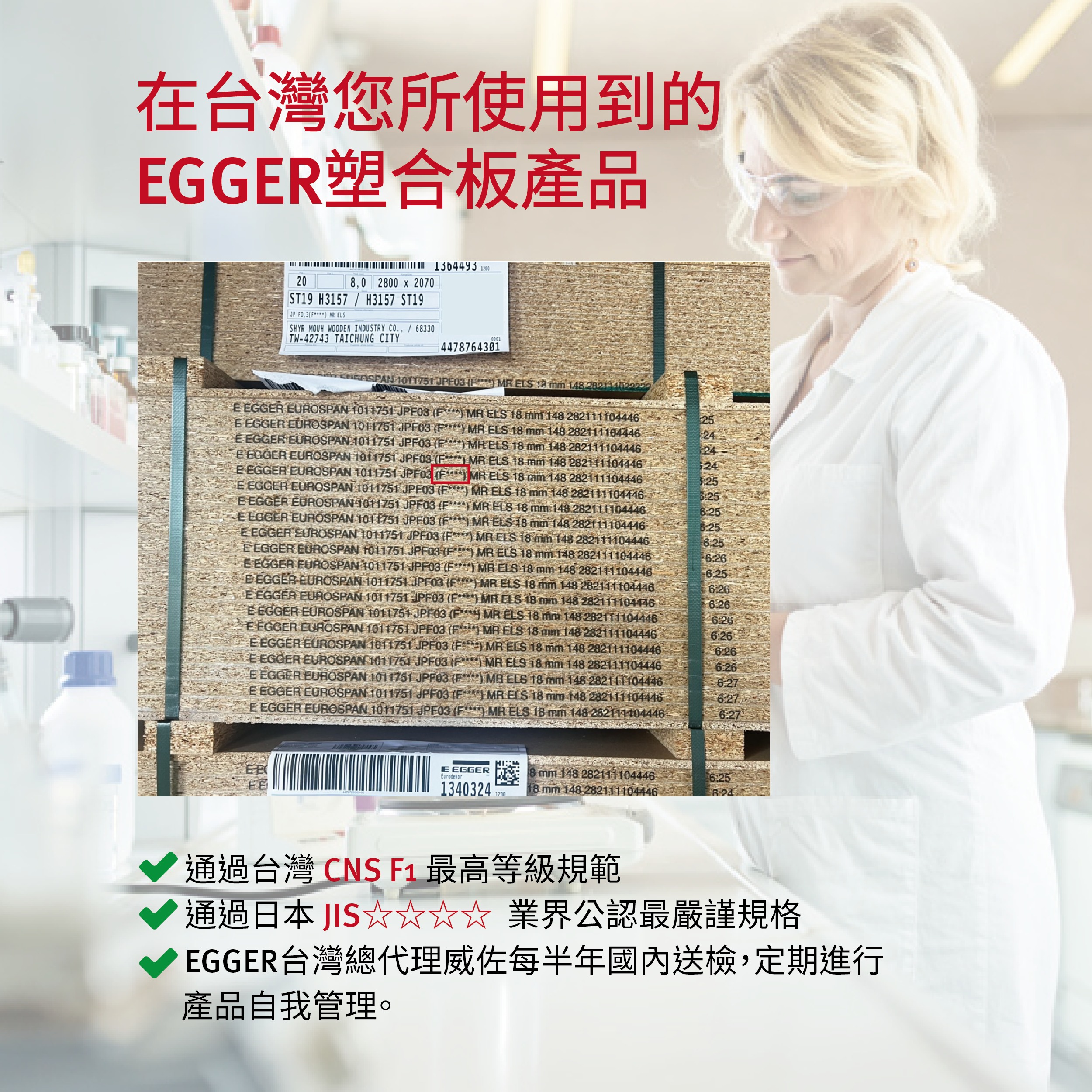 圖示EGGER塑合板符合台灣CNS與日本JIS的甲醛標準，強調使用者能安心選擇進口建材，產品資訊透明可靠。