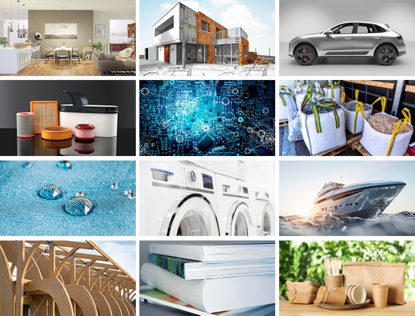 Kleiberit 膠黏劑應用於建築、汽車、電子、包裝、家電、船舶與家具等多個產業的代表性照片拼貼圖。