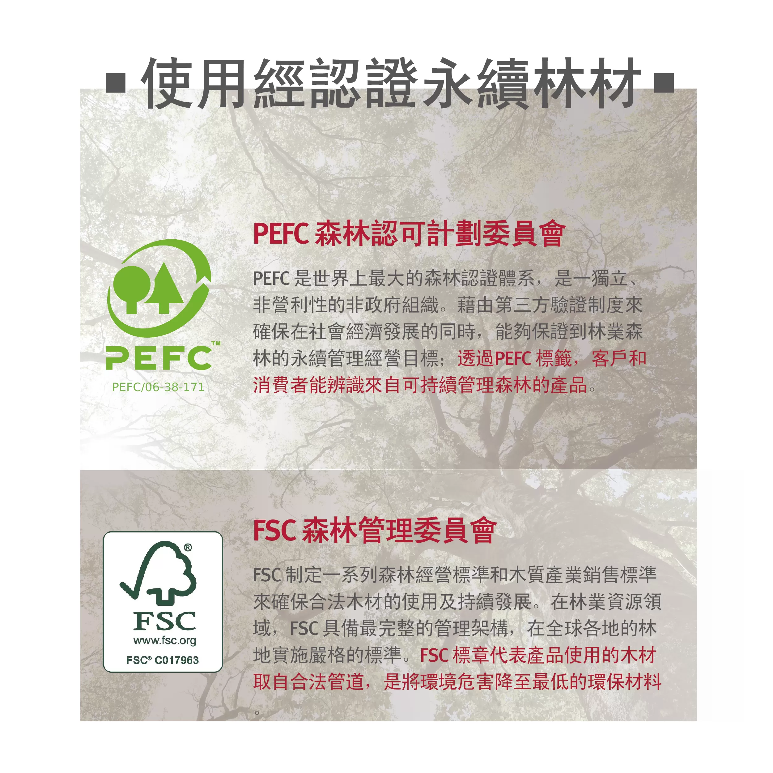 介紹 PEFC 及 FSC 林業認證標章，強調 EGGER 使用經驗證的永續林源木材。